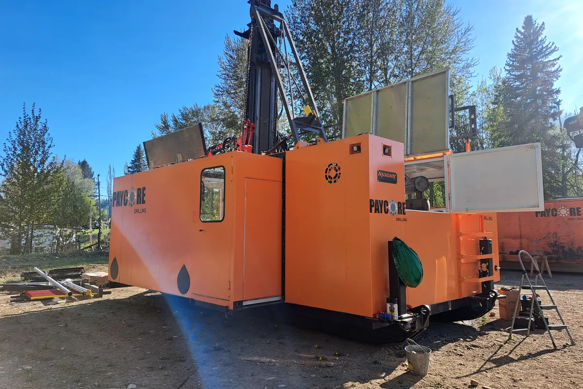 Paycore skid-mounted drill with its mast raised